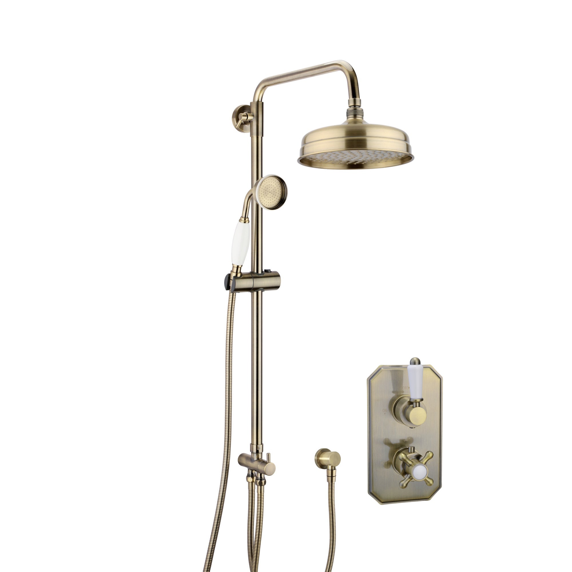 Regent thermostatic concealed shower mixer valve with dual rigid riser kit, 200mm round overhead rain shower and handheld - antique brass